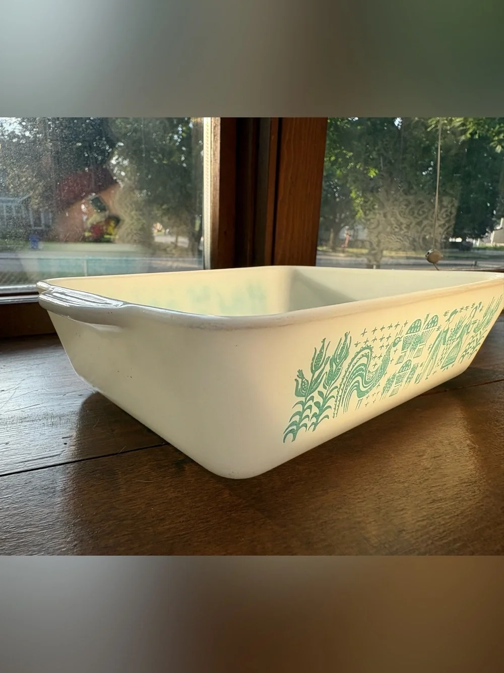 Pyrex White Baking Dish with Turquoise Folk Motif